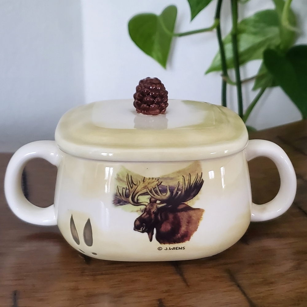 Vintage J.Wiens Bull Moose Stoneware Mini Bean Pot
